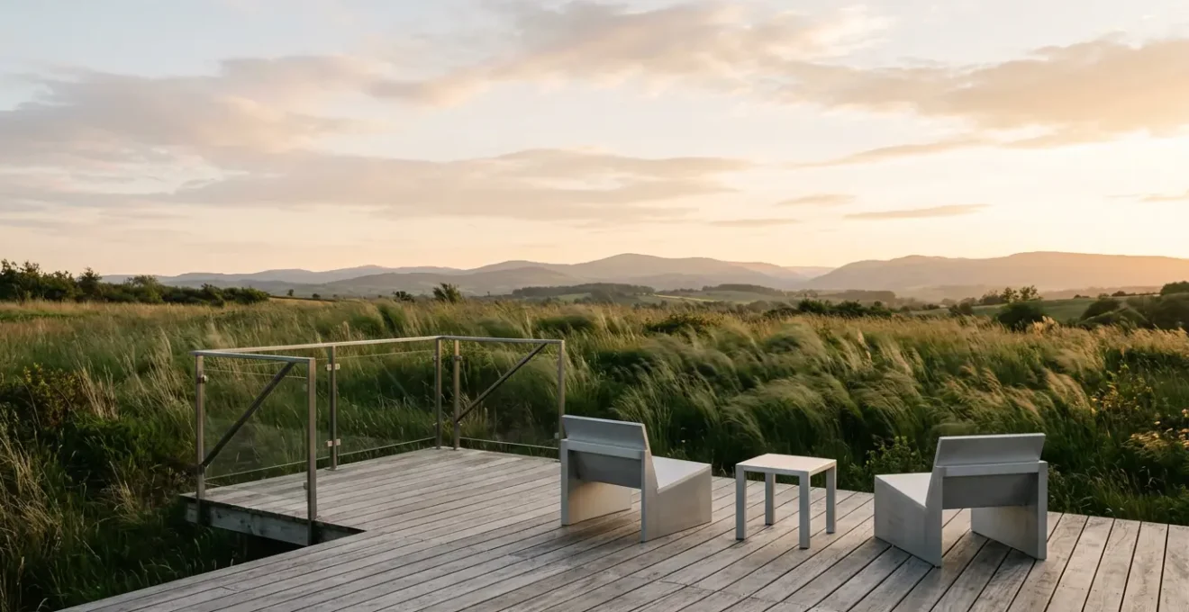 Terrasse moderne en bois exposée au vent avec mobilier sécurisé et protection naturelle au printemps