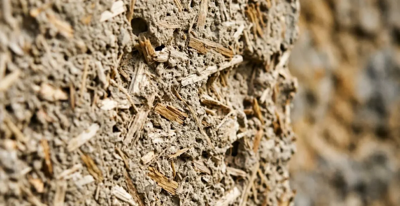 Texture détaillée de béton de chanvre appliqué sur mur ancien en pierre montrant la structure minérale végétale