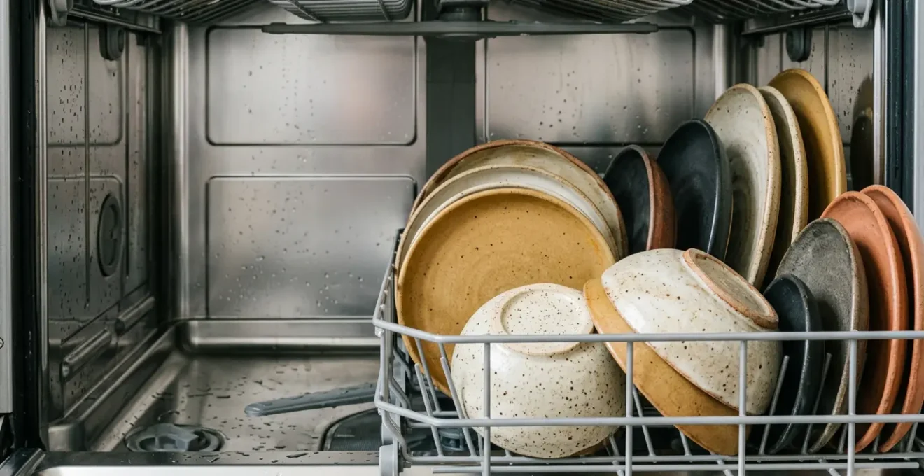 Assiettes en grès artisanal empilées dans un lave-vaisselle moderne