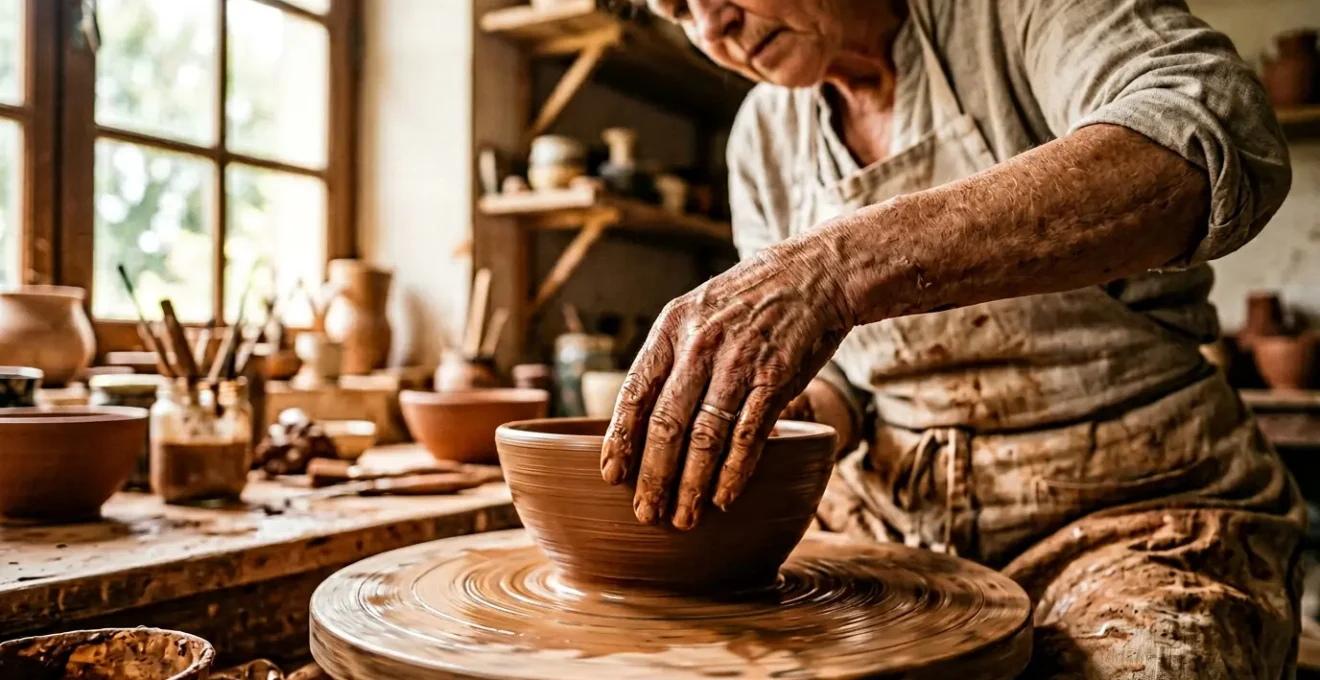 Mains d'artisan façonnant une pièce unique en céramique dans un atelier de métiers d'art français