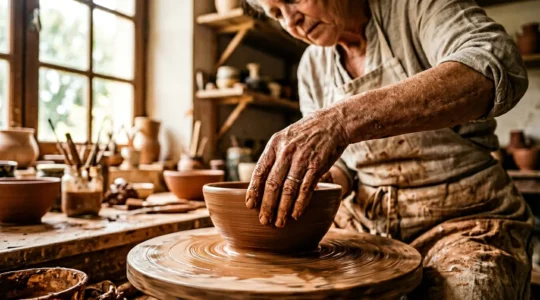 Mains d'artisan façonnant une pièce unique en céramique dans un atelier de métiers d'art français