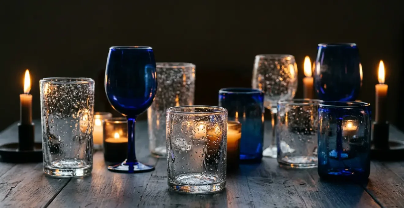Verreries artisanales bullées transparentes et bleutées disposées sur une table sombre éclairées à la lueur de bougies