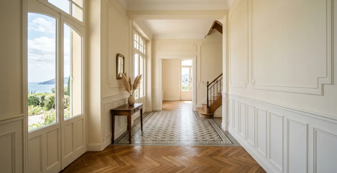 Intérieur d'une villa balnéaire années 20 avec boiseries murales, parquet à motifs et luminosité naturelle