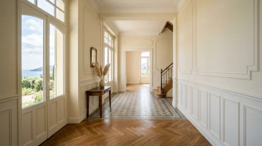Intérieur d'une villa balnéaire années 20 avec boiseries murales, parquet à motifs et luminosité naturelle