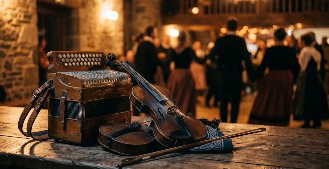 Scène de fest-noz avec instruments traditionnels bretons et danseurs dans une atmosphère festive et chaleureuse
