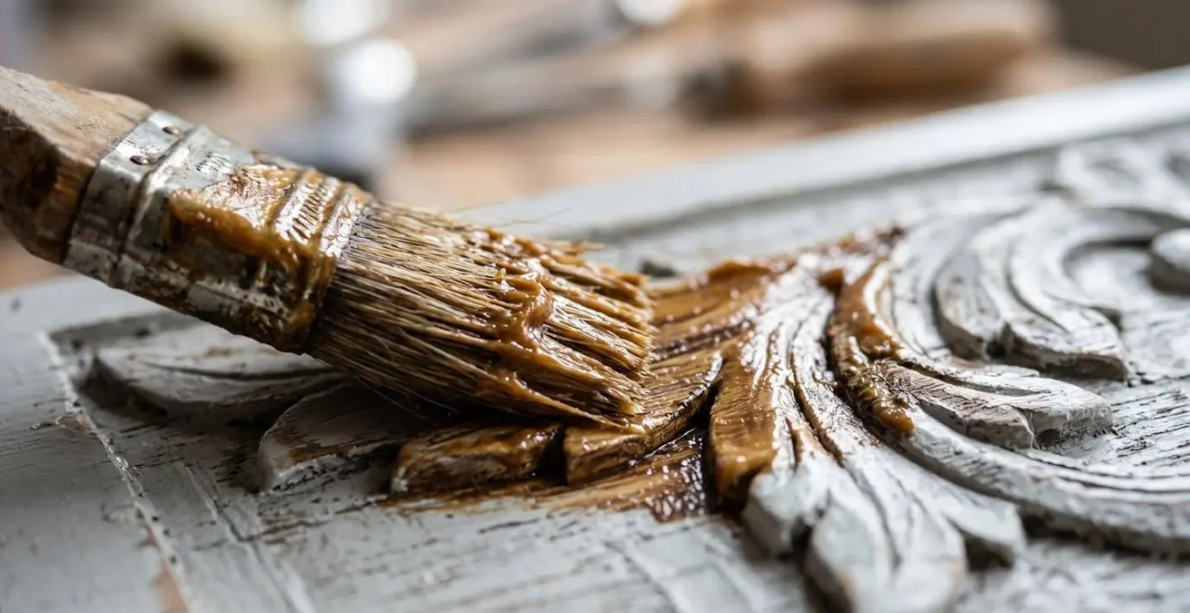 Gros plan sur l'application de cire teintée à la brosse révélant les reliefs d'un meuble ancien