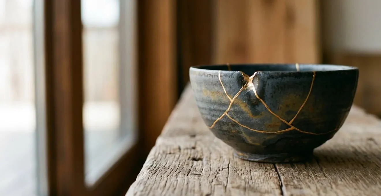 Bol en grès artisanal réparé avec la technique du kintsugi montrant des lignes dorées