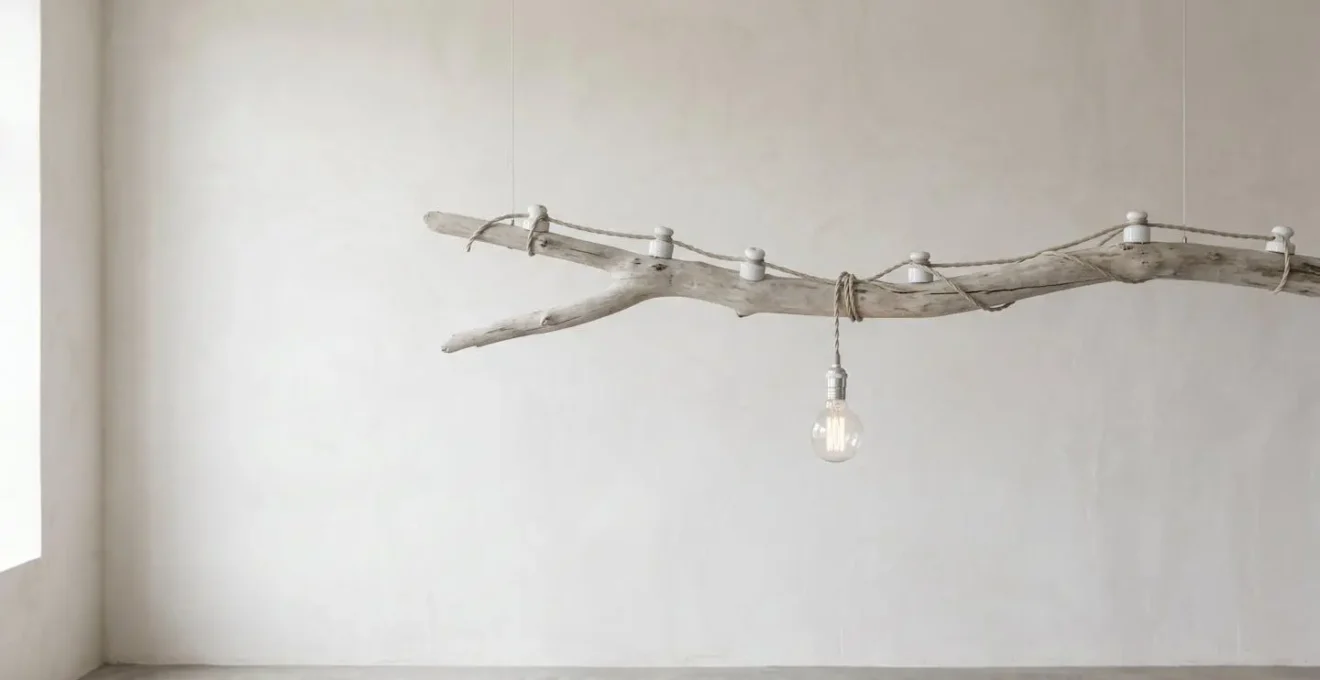 Branche de bois flotté avec câble électrique décoratif en tissu tressé et isolateurs en céramique blanche pour installation lumineuse sécurisée