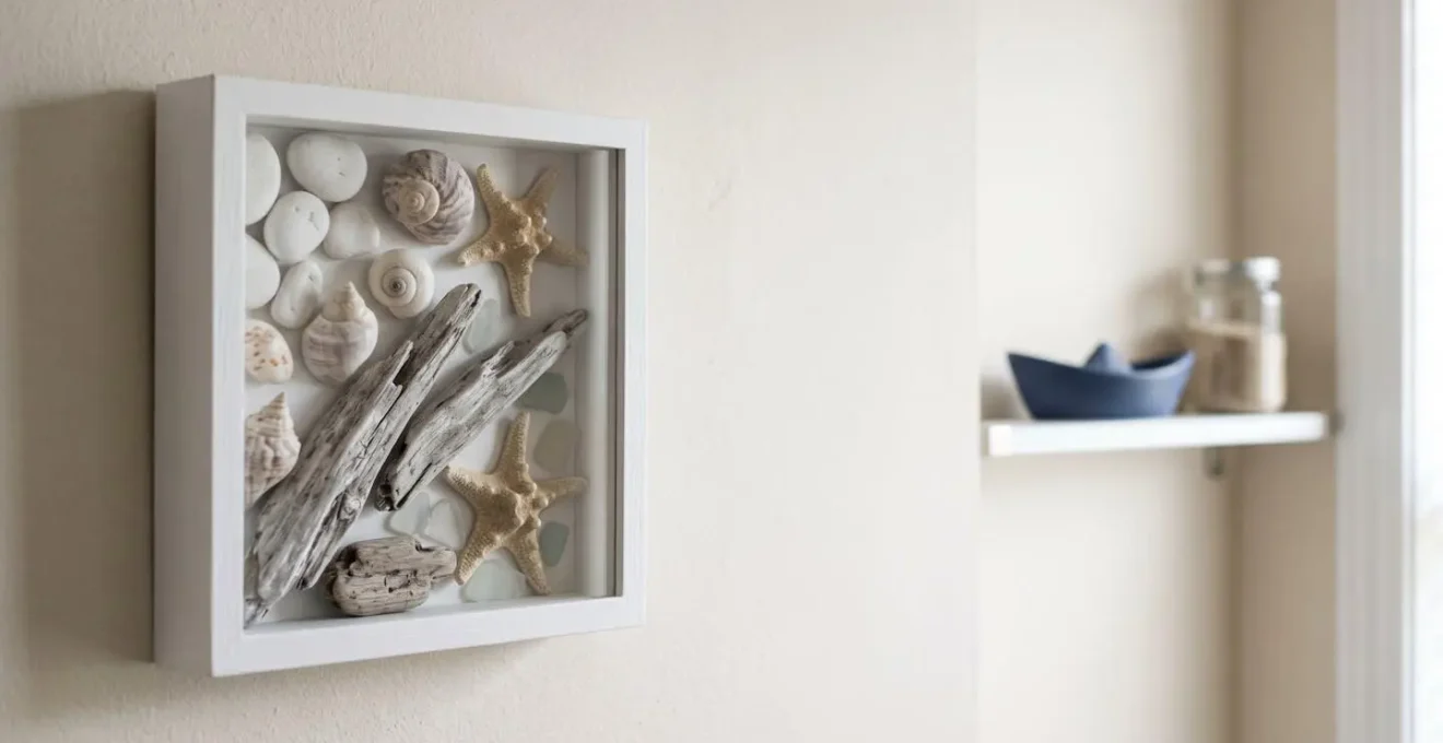 Cabinet de curiosités marin minimaliste avec coquillages et éléments naturels présentés dans une vitrine en bois épuré