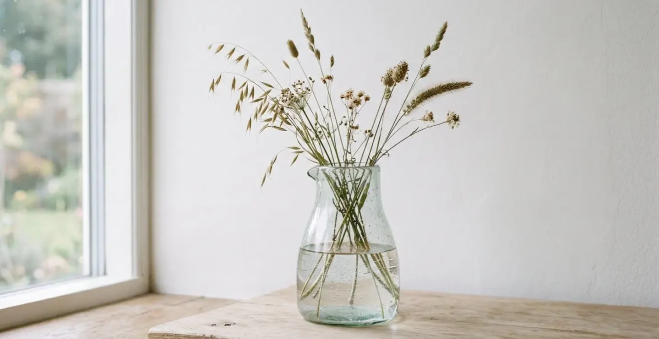 Carafe en verre artisanal bullé détournée en vase avec tiges florales champêtres, lumière traversant l'eau et le verre