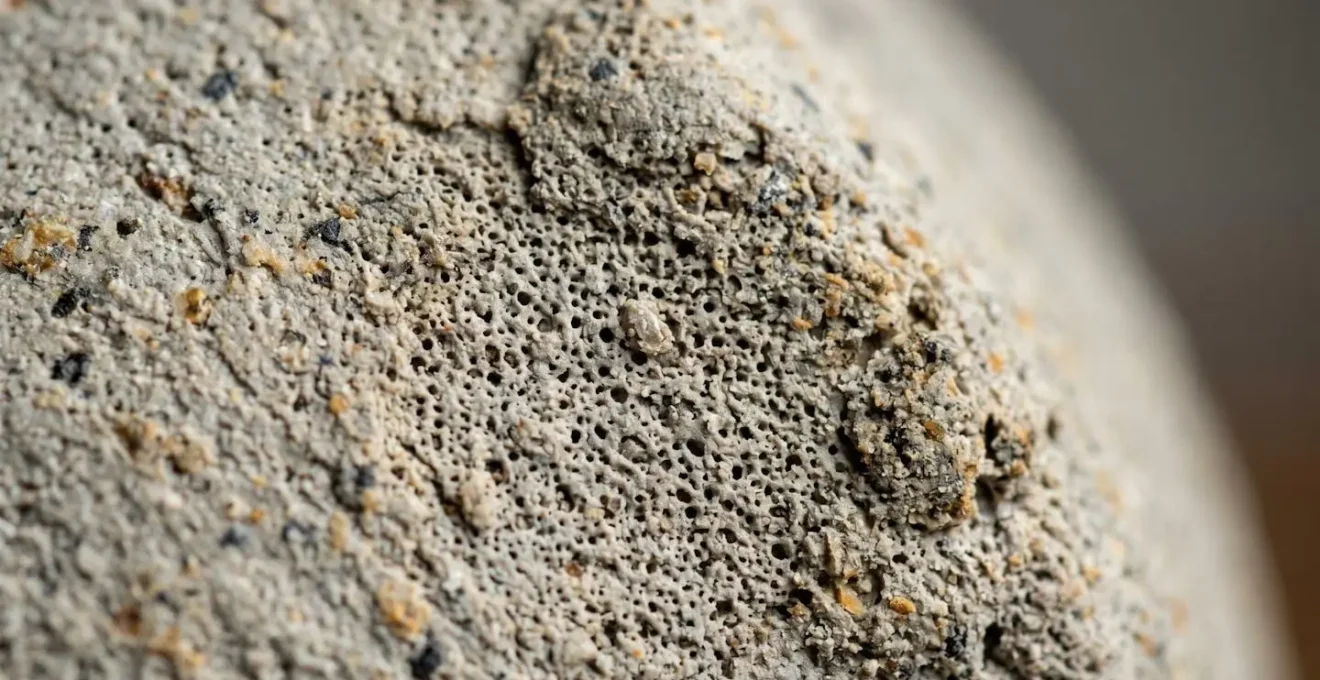 Gros plan macro sur la texture microporeuse d'une céramique en grès brut avec détails tactiles