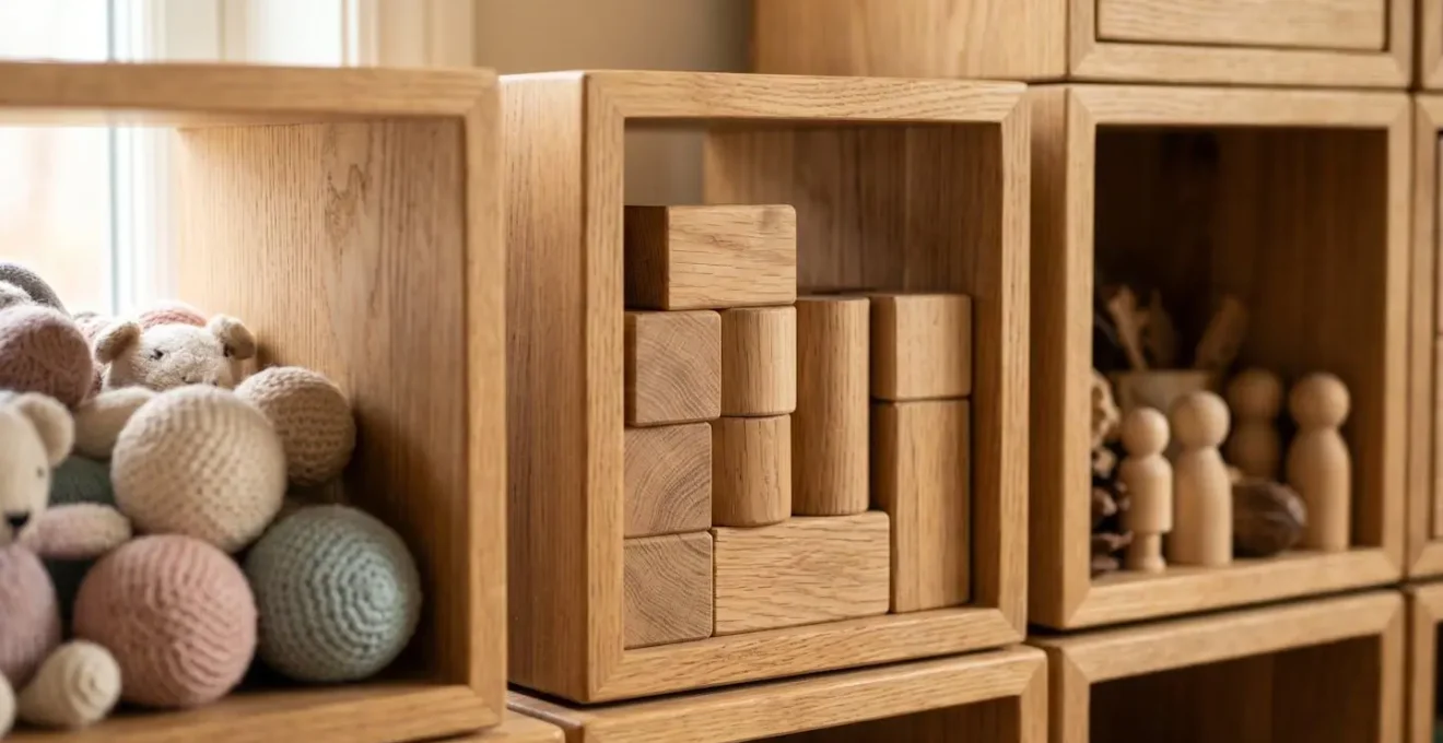 Gros plan sur des casiers cubiques en bois avec jouets organisés pour chambre d'enfant