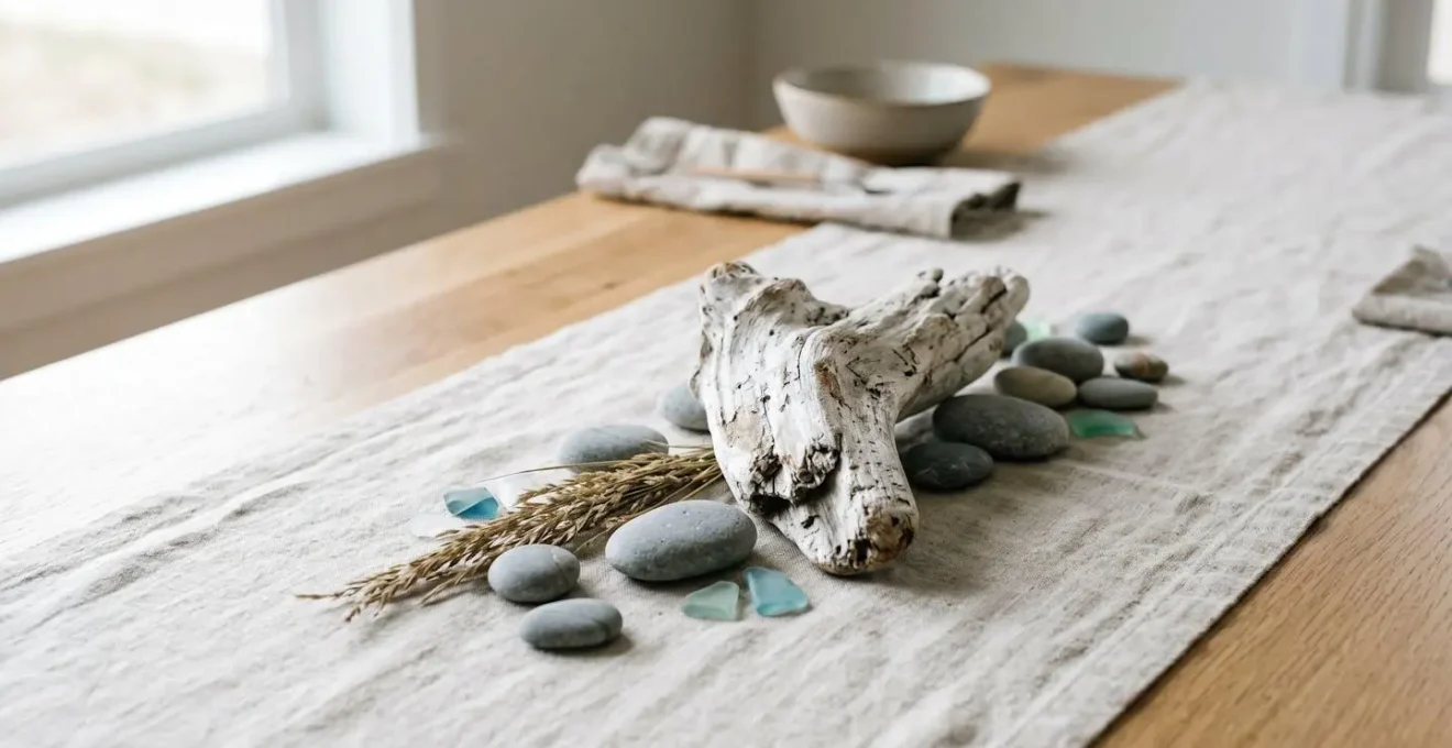 Centre de table créatif composé de bois flotté, galets et éléments naturels dans une esthétique minimaliste côtière