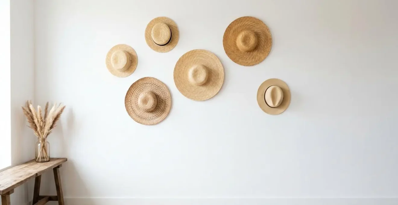 Composition murale artistique de chapeaux de paille de différentes formes sur mur blanc