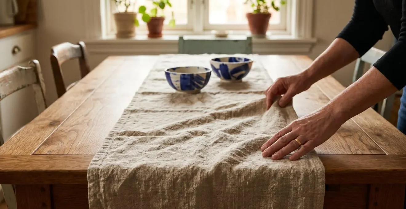 Chemin de table en lin naturel brut disposé de manière asymétrique sur une table en bois massif avec céramiques bretonnes révélant la texture du bois