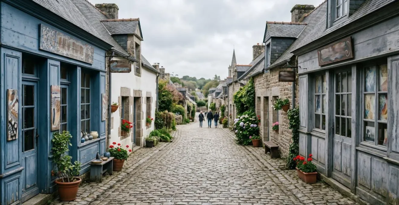 Vue grand angle d'une ruelle pavée bretonne bordée d'ateliers d'artisans avec enseignes en bois artisanales