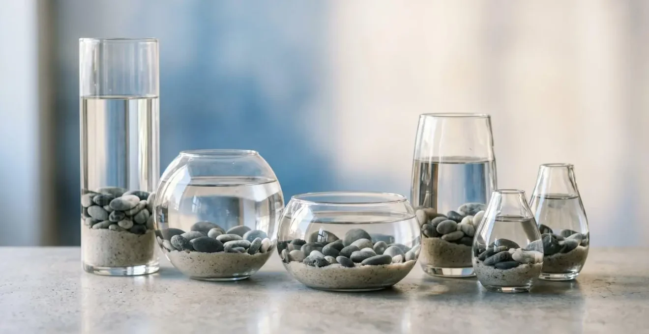 Arrangement de vases transparents de différentes tailles avec sable, galets et eau créant des micro-paysages sous-marins en perspective asymétrique