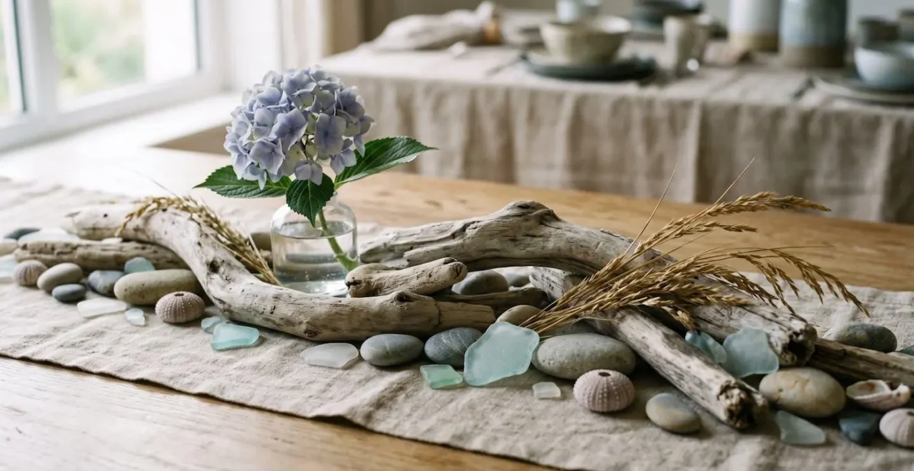 Centre de table bas inspiré de la côte bretonne avec bois flotté et éléments marins