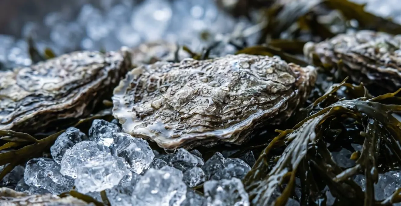 Gros plan détaillé sur des fruits de mer frais disposés sur un lit de glace pilée avec des algues marines