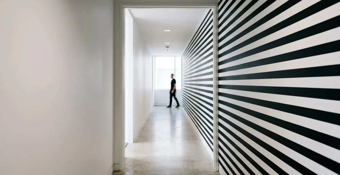 Couloir étroit décoré avec rayures horizontales noires sur mur blanc créant une illusion d'élargissement visuel