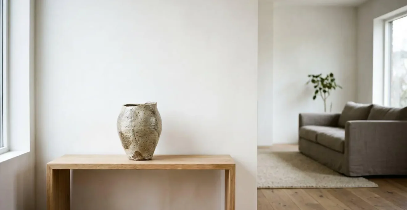 Pièce artisanale imparfaite positionnée comme point focal dans un intérieur contemporain minimaliste