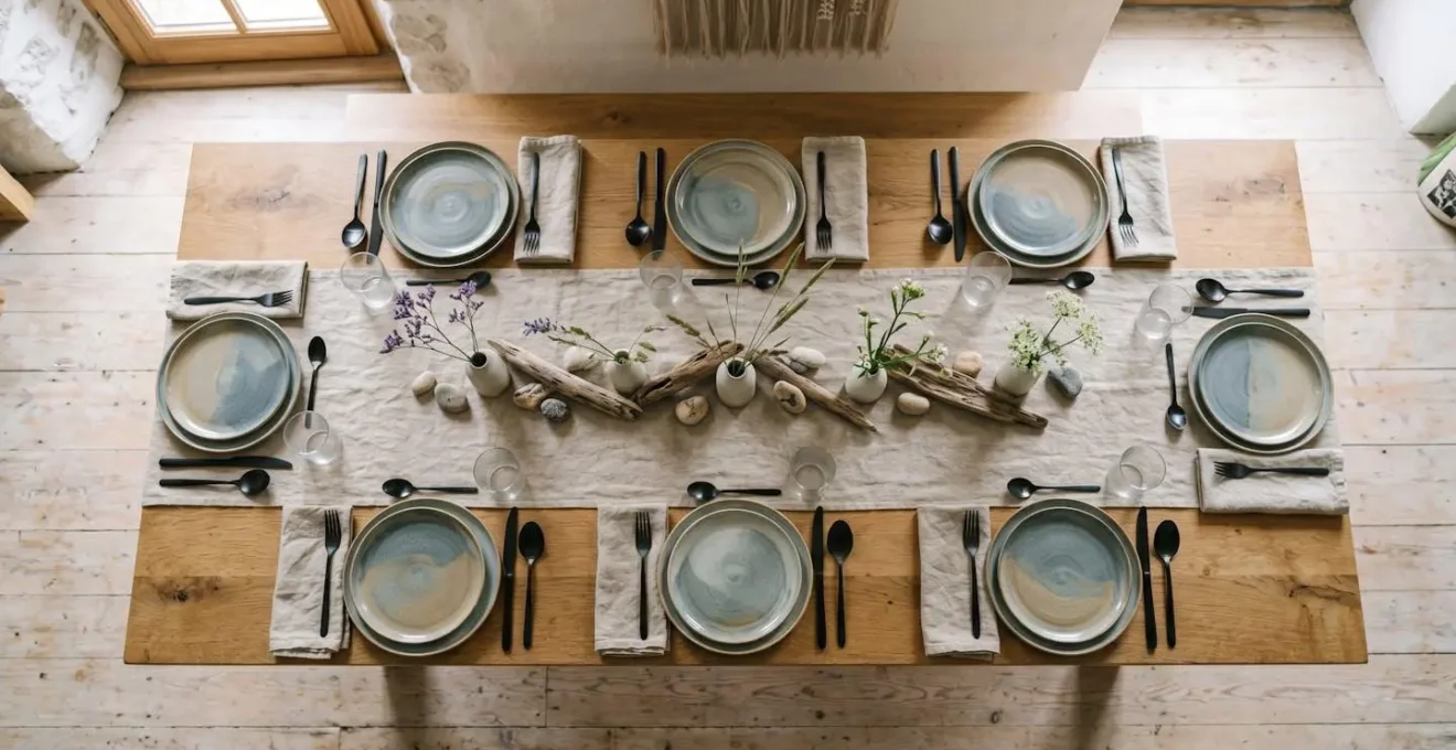 Vue aérienne d'une table rectangulaire dressée pour six convives en disposition longueur