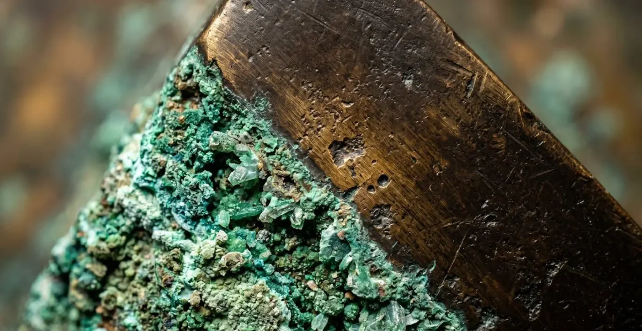 Gros plan macro sur surface de bronze montrant la différence entre patine noble et vert-de-gris actif