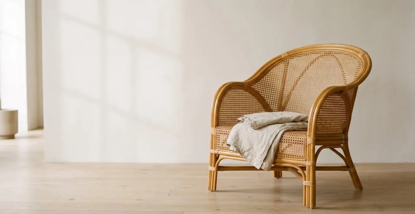 Vue environnementale d'un fauteuil en rotin vintage dans un espace minimaliste avec lumière naturelle douce