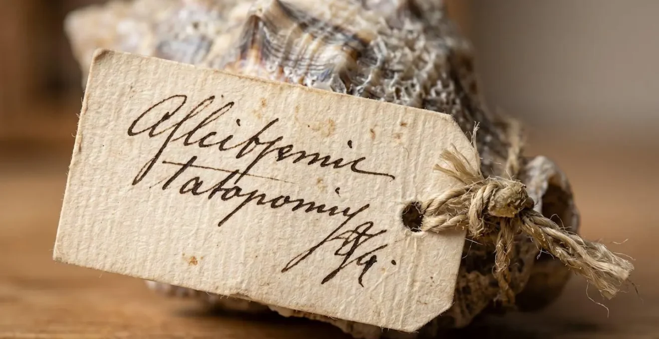 Gros plan sur des étiquettes scientifiques anciennes manuscrites attachées à des spécimens marins avec fil de lin
