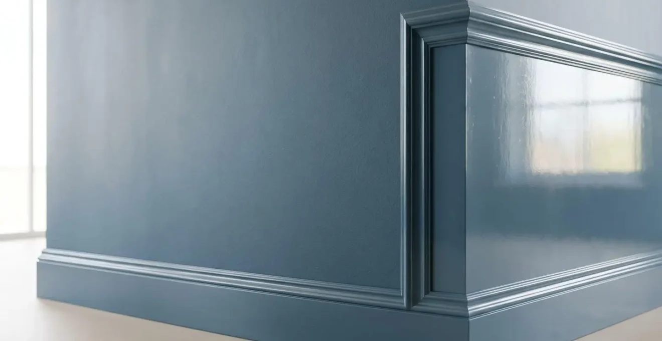 Mur bleu grisé mat avec lumière naturelle douce créant une réflexion diffuse apaisante