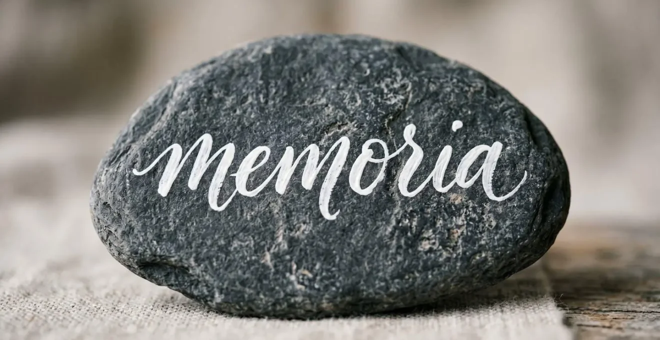 Vue macro d'un galet sombre avec calligraphie blanche élégante, textures tactiles de la pierre et détails de l'écriture