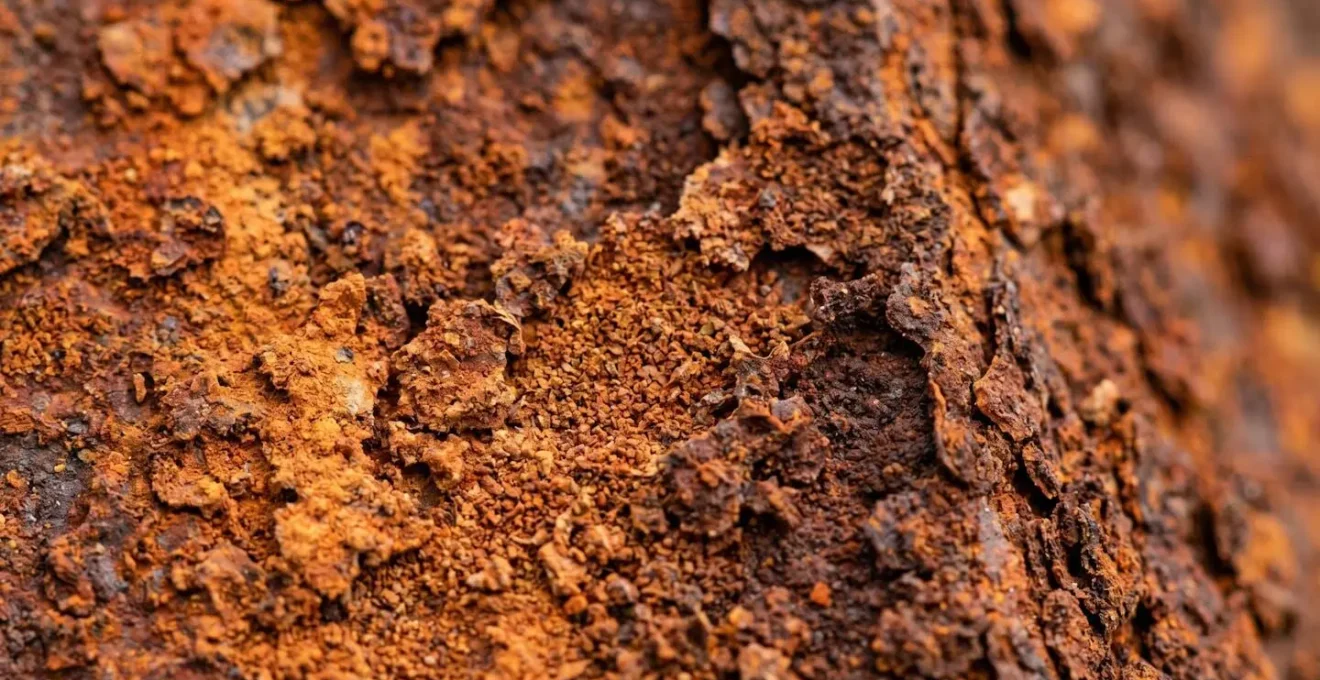 Gros plan macro sur la texture de la rouille d'un métal ancien avec variations de couleur orange à brun et surface mate granuleuse