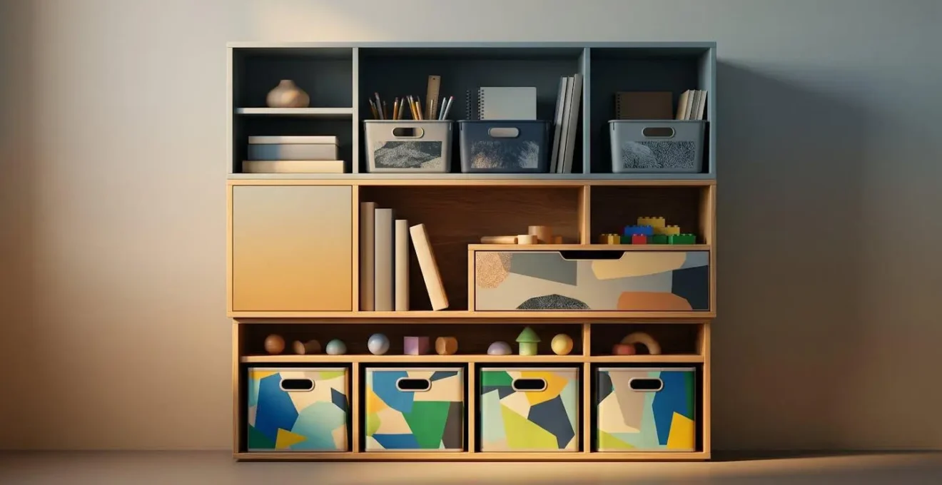 Configuration évolutive d'un système de rangement modulaire montrant l'adaptation du mobilier selon l'âge de l'enfant
