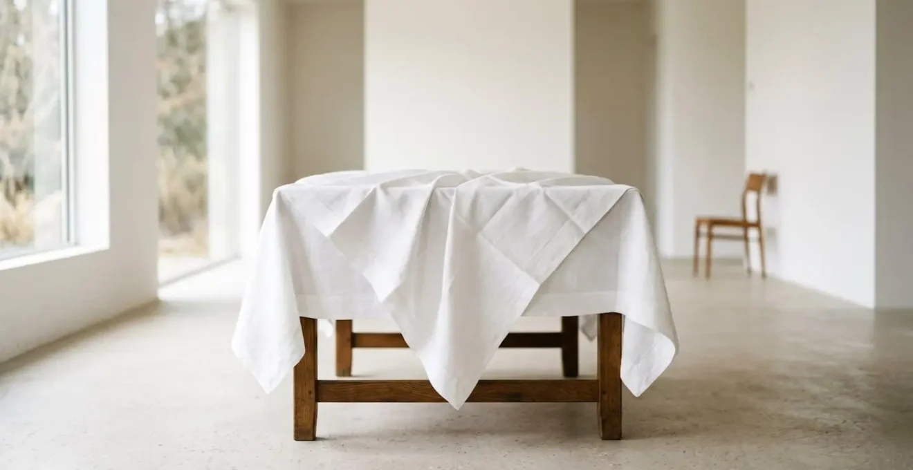 Nappe blanche parfaitement amidonnée avec des plis nets drapée sur une table