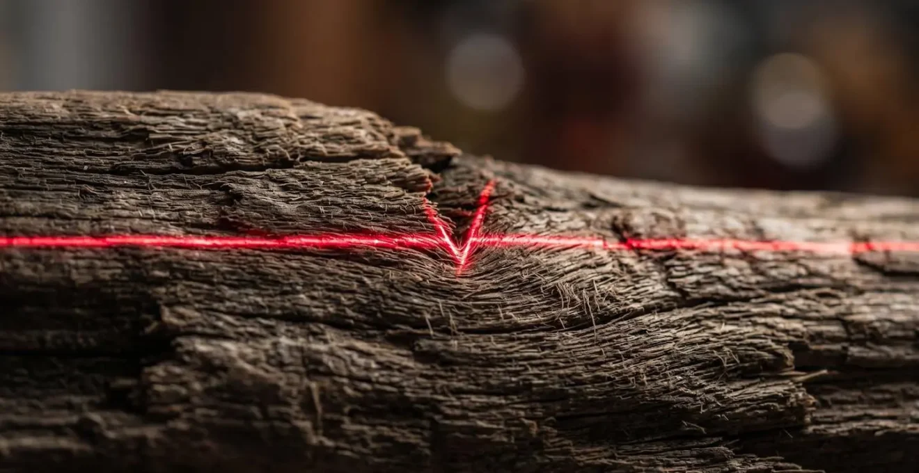 Gros plan sur un niveau laser rotatif projetant une ligne horizontale parfaite sur une surface de bois brut