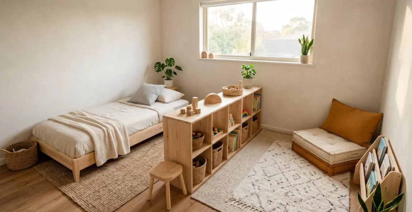 Chambre d'enfant de 10 mètres carrés organisée en zones distinctes pour le sommeil, le jeu et la lecture