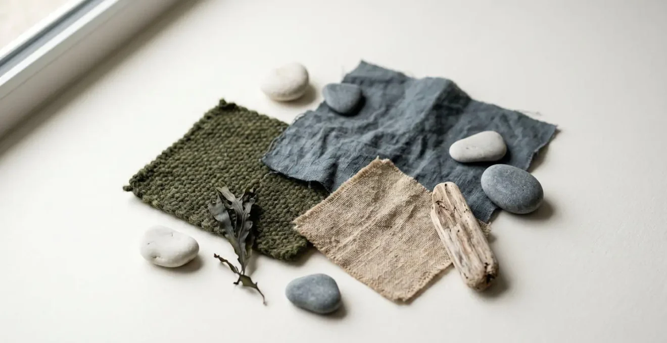 Composition de matériaux et textiles évoquant les couleurs des Abers : verts d'algues, gris-bleus et beiges naturels