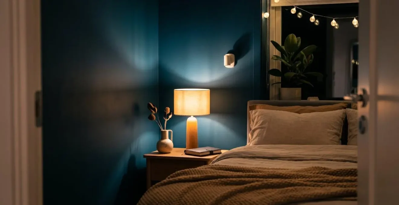 Petite chambre cocon aux murs bleu pétrole avec éclairage doux en couches multiples