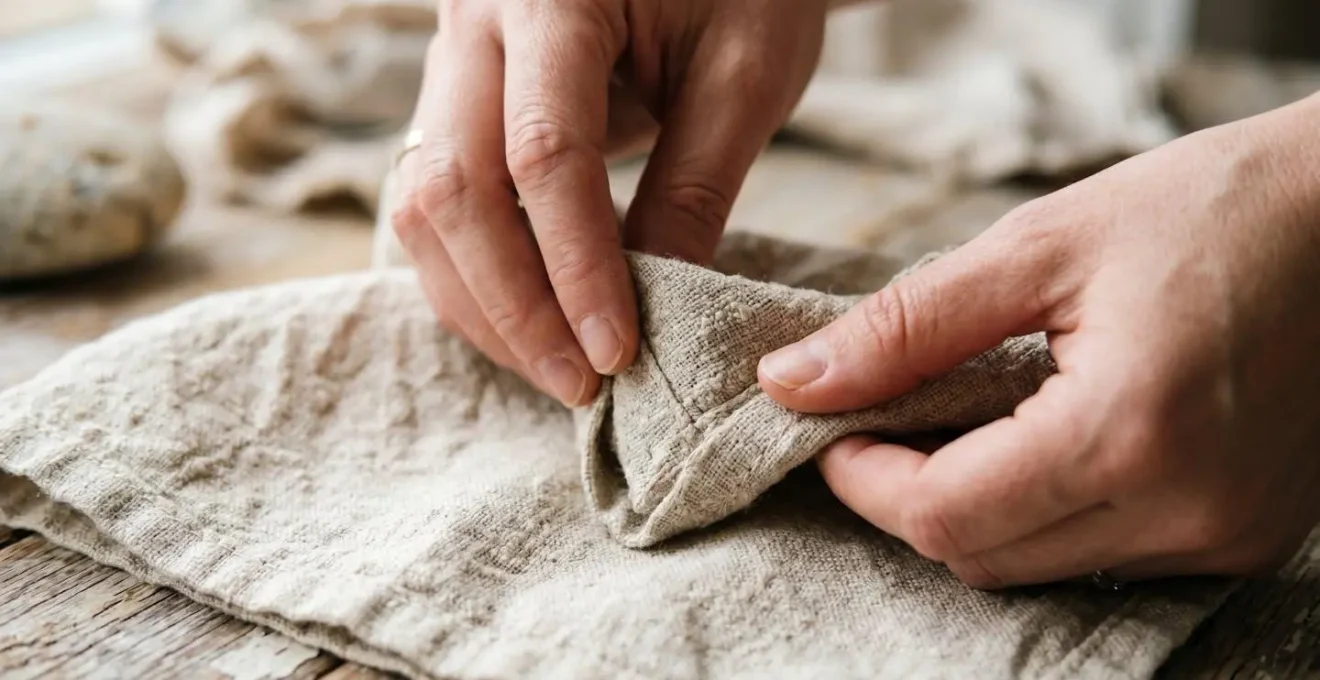 Gros plan sur des mains réalisant un pliage de serviette en lin breton naturel