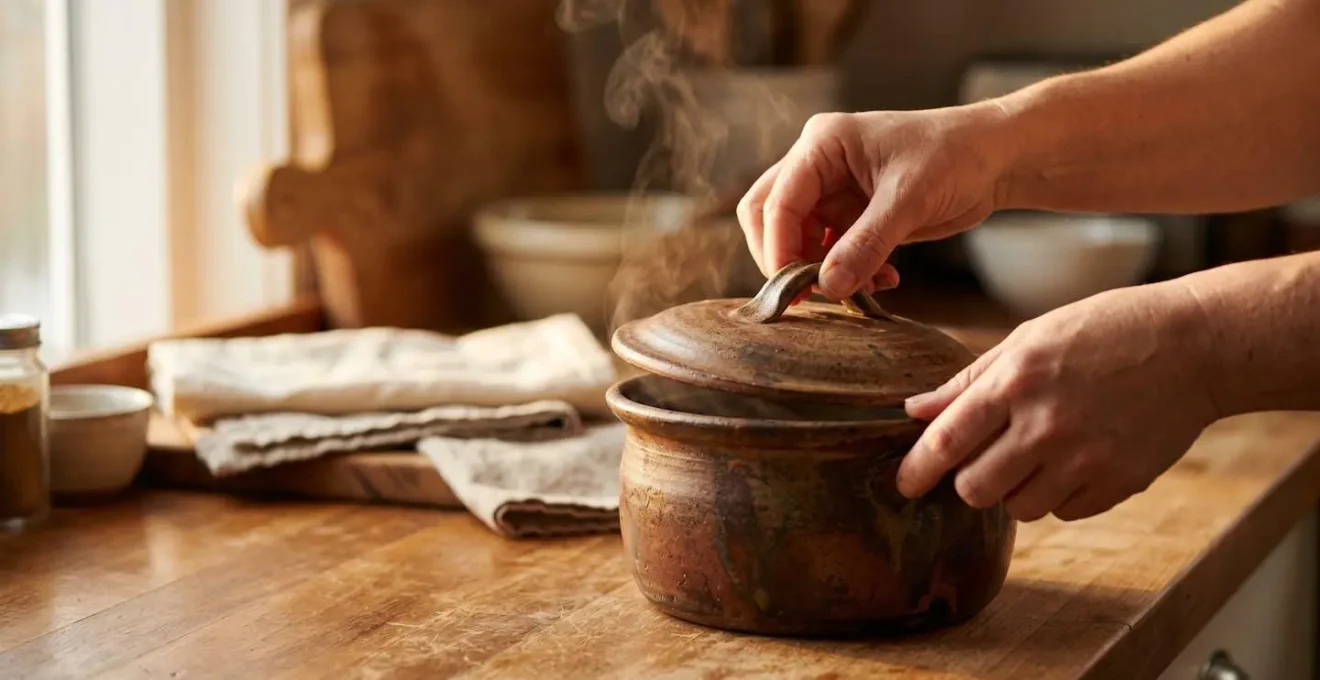 Vue d'ensemble d'une cocotte en grès artisanal dans une cuisine apaisante avec lumière naturelle douce