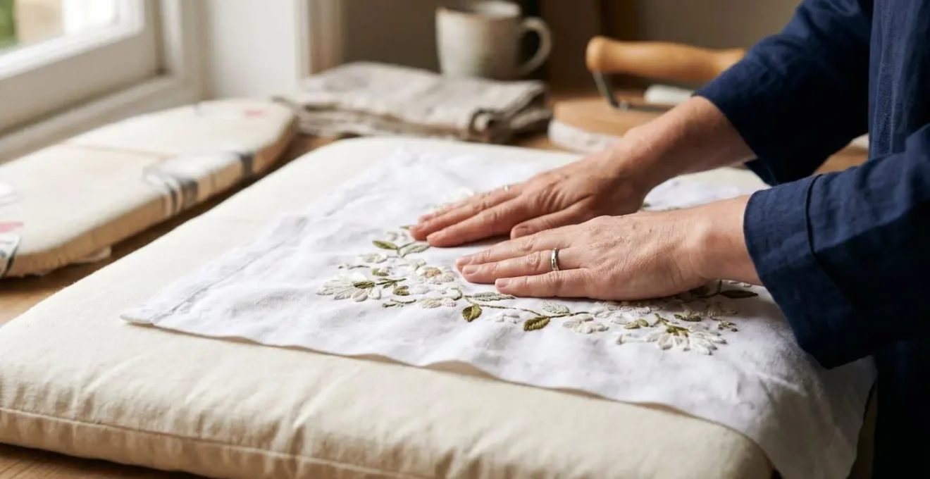 Vue rapprochée d'une broderie blanche repassée à l'envers sur un molleton épais