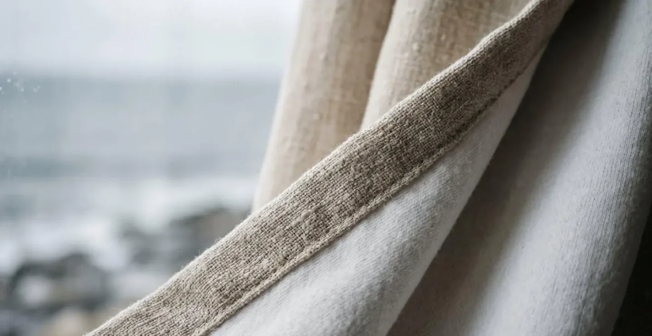 Détail de rideau thermique en lin doublé devant baie vitrée avec vue sur mer d'hiver