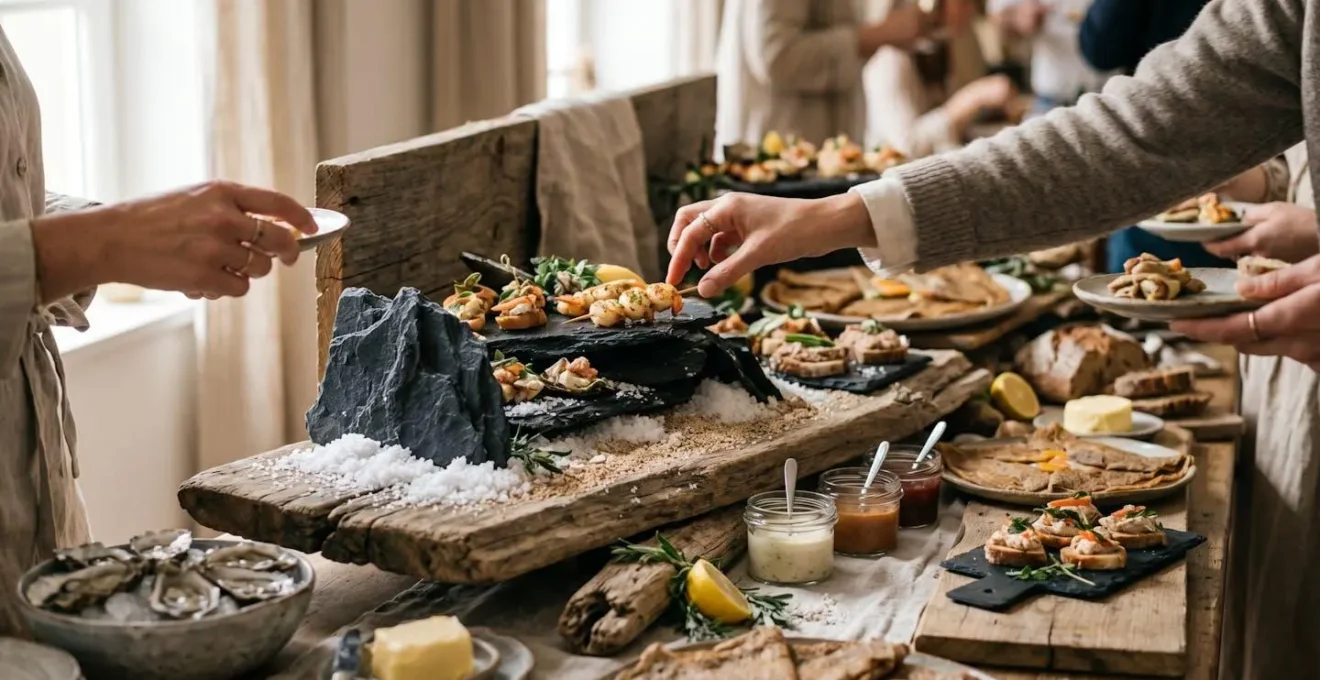 Buffet thématique breton avec ardoises noires, bois flotté en étages et éléments marins créant un paysage de côte miniature