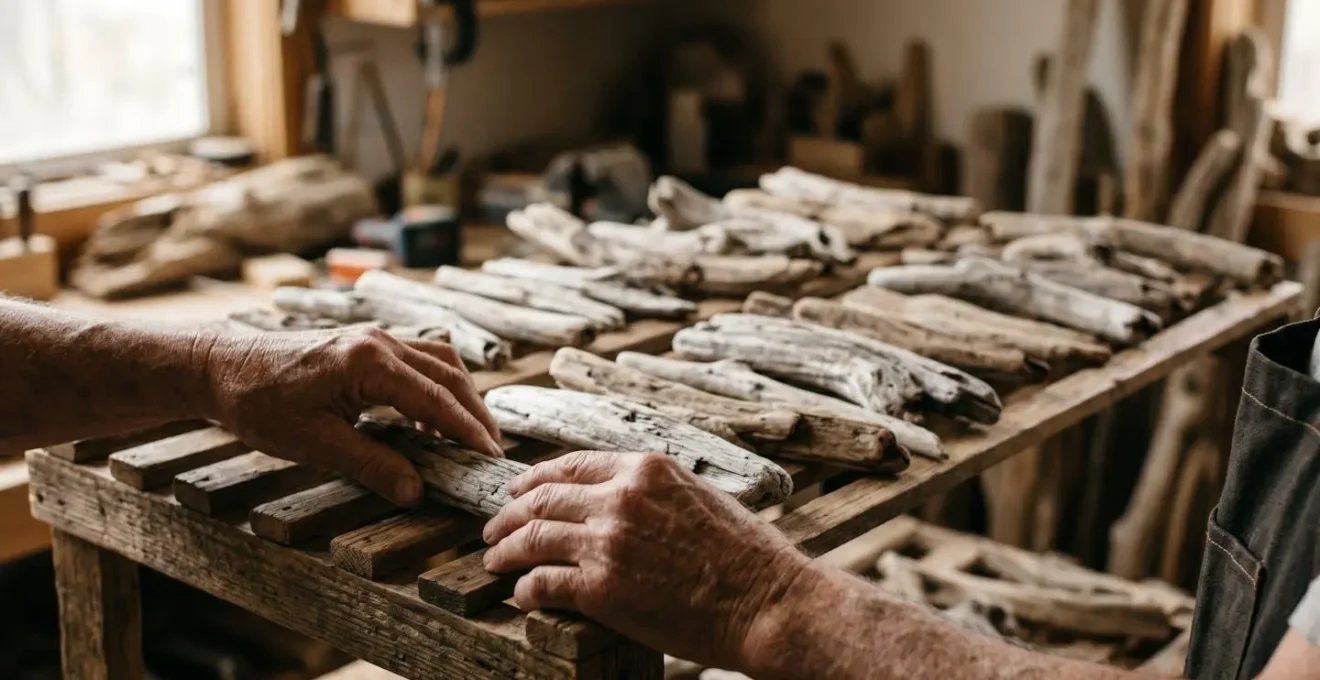 Branches de bois flotté disposées en séchage contrôlé dans un espace ombragé et ventilé