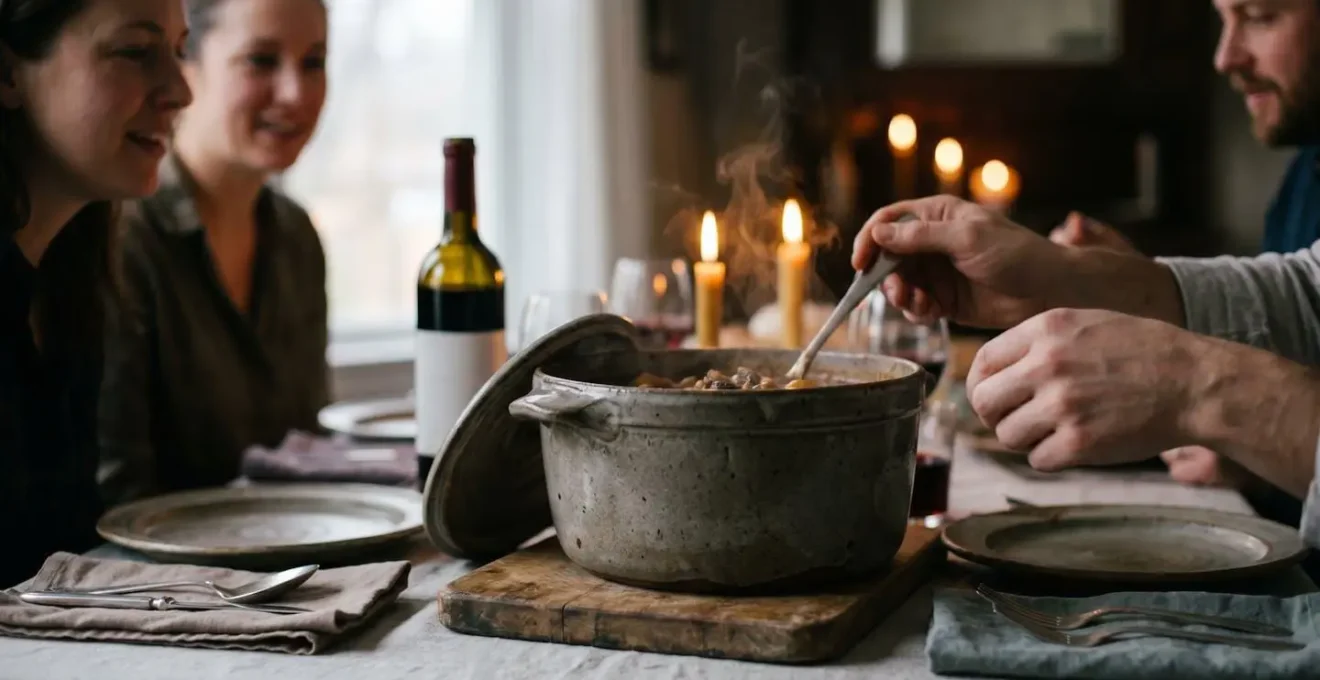 Cocotte en grès artisanal posée au centre d'une table dressée avec convives en arrière-plan flou