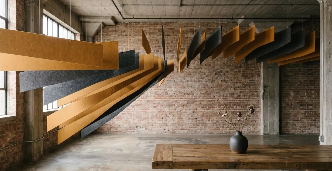 Panneaux acoustiques en feutre coloré suspendus dans un espace aux murs bruts