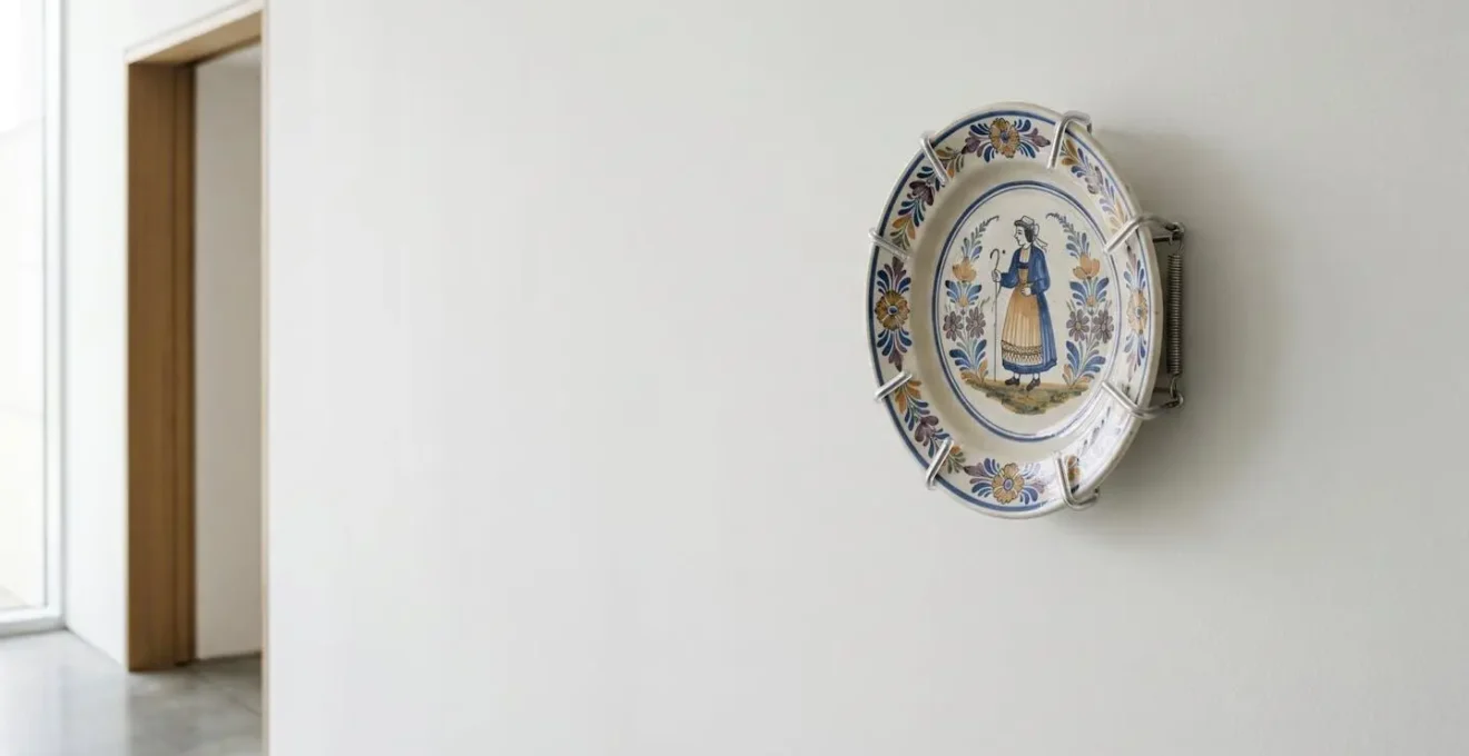 Support mural sécurisé avec embouts en silicone pour l'accrochage d'un plat en faïence de collection