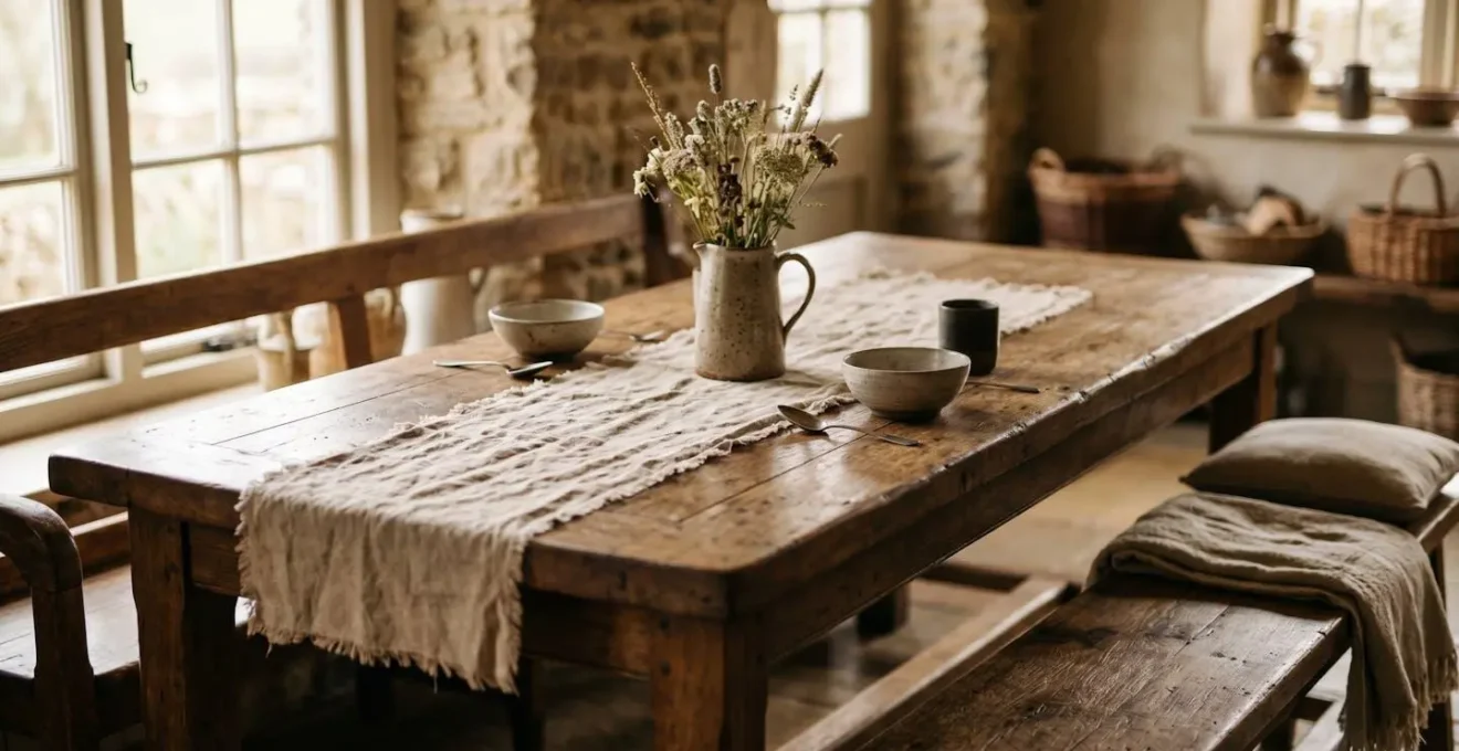 Table de ferme en bois massif patiné avec bancs, évoquant convivialité et authenticité