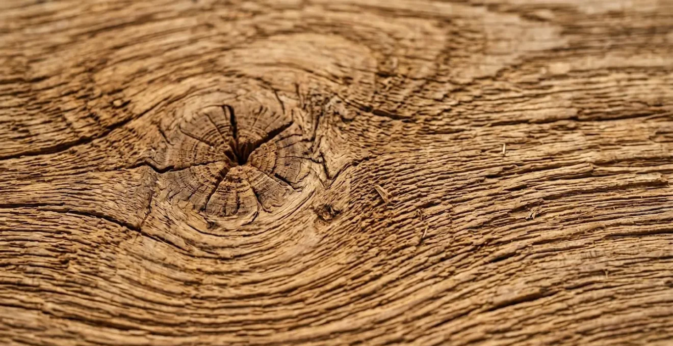 Gros plan sur la texture d'un bois brut non raboté révélant son grain et ses nœuds naturels