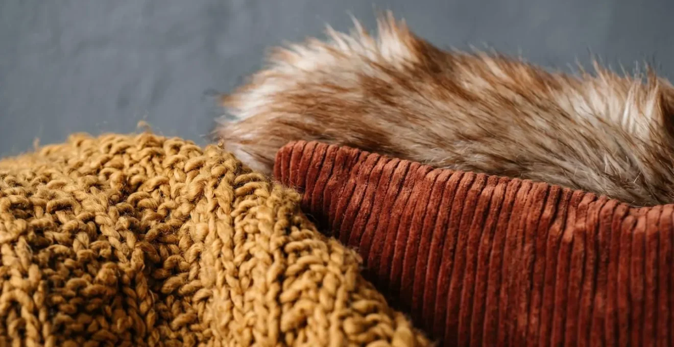 Gros plan de textures textiles chaleureuses en velours et tricot sur fond gris tempête